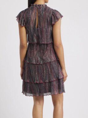 Vince Camuto Metallic Crinkle Tiered Midi Dress Burgundy Multi NWT Size 16